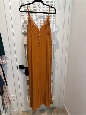 lovestitch Rust Lace-Trim Button-Front Maxi Slip Dress